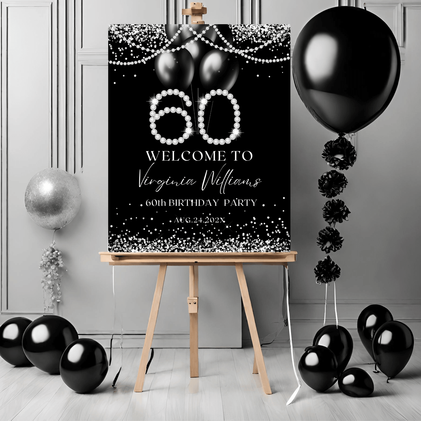 Silver and Black Glitter 60th celebration sign