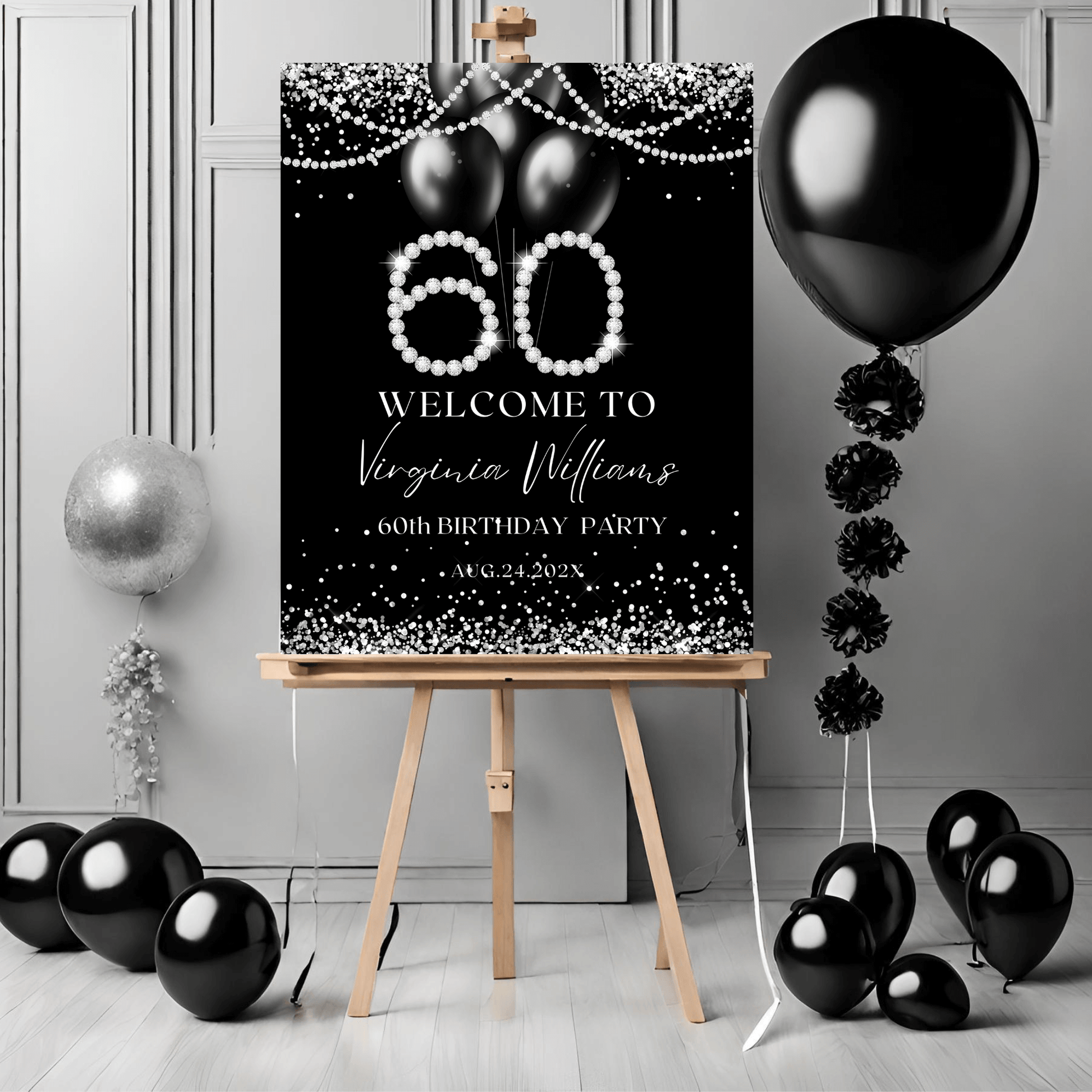 Silver and Black Glitter 60th celebration sign