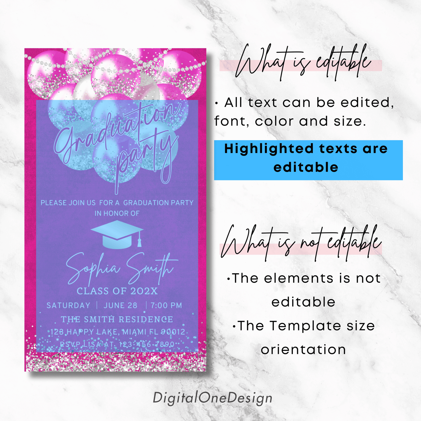 Digital Hot Pink Graduation Party Invitation, Vibrant Pink Grad Party Invitation, High School or College Graduation, Hot Pink & Silver