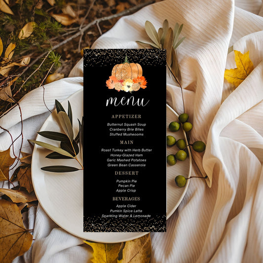 Pumpkin Menu card for a fall-themed dinner with pumpkins and leaves on a white plate.