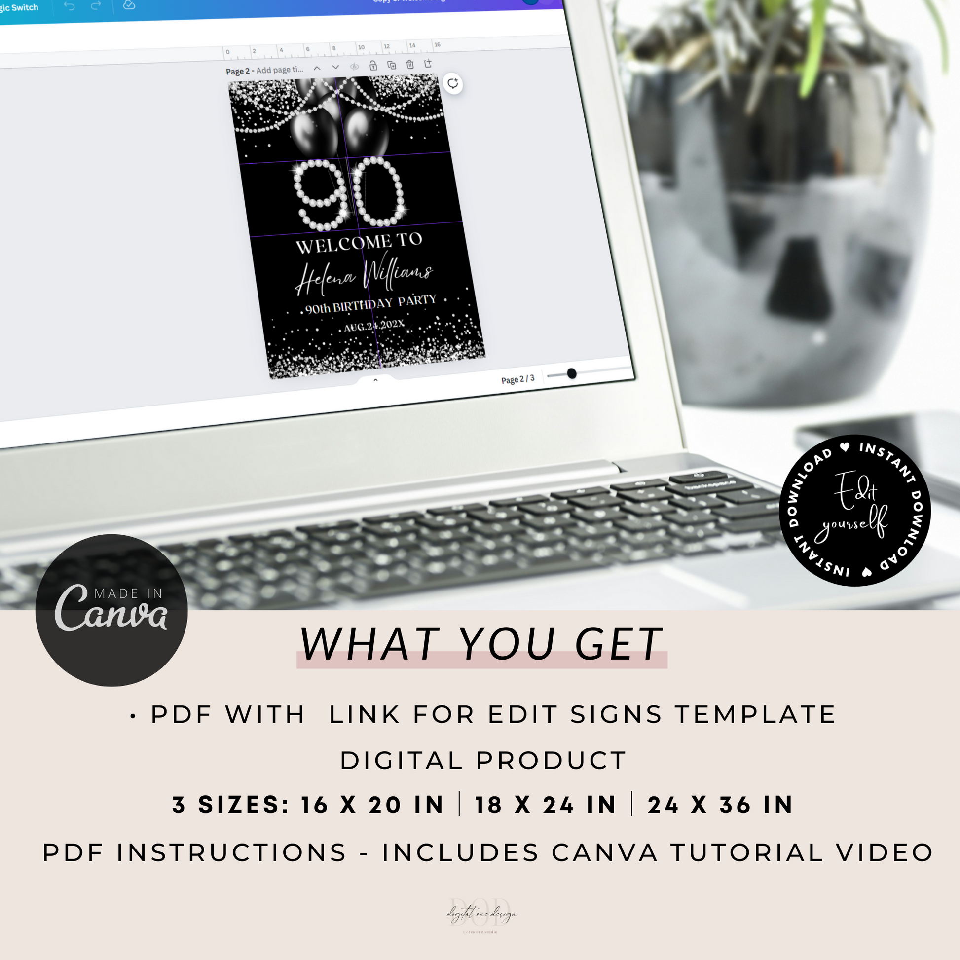 Elegant Modern 90th Birthday Welcome Sign Template displayed on a laptop screen with editing features in Canva.