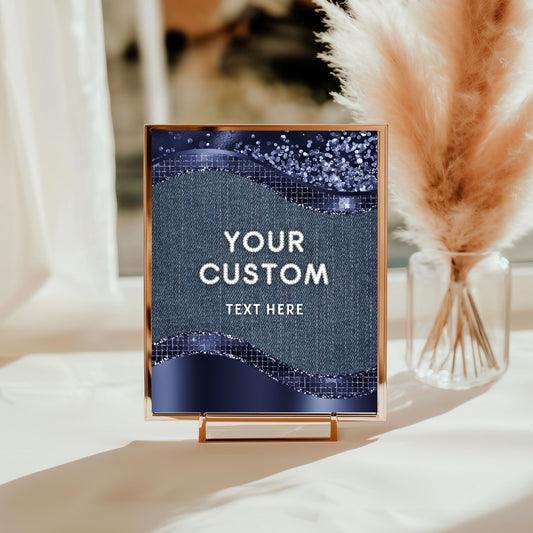 Framed decorative sign with customizable text denim sign on a blurred background