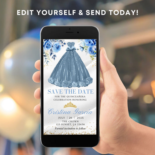 Hand holding a smartphone with a Dusty Blue Princess Dress Quinceañera save the date invitation displayed on the screen.
