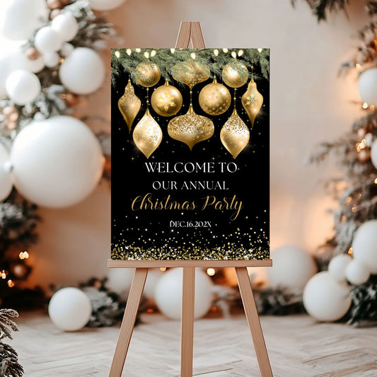 Gold Christmas party welcome sign on an easel with festive decorations in the background