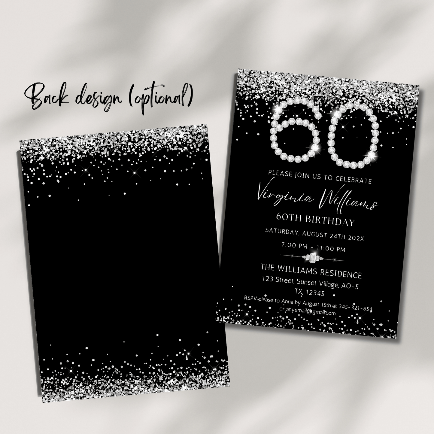 Black and silver 60th Thank you card