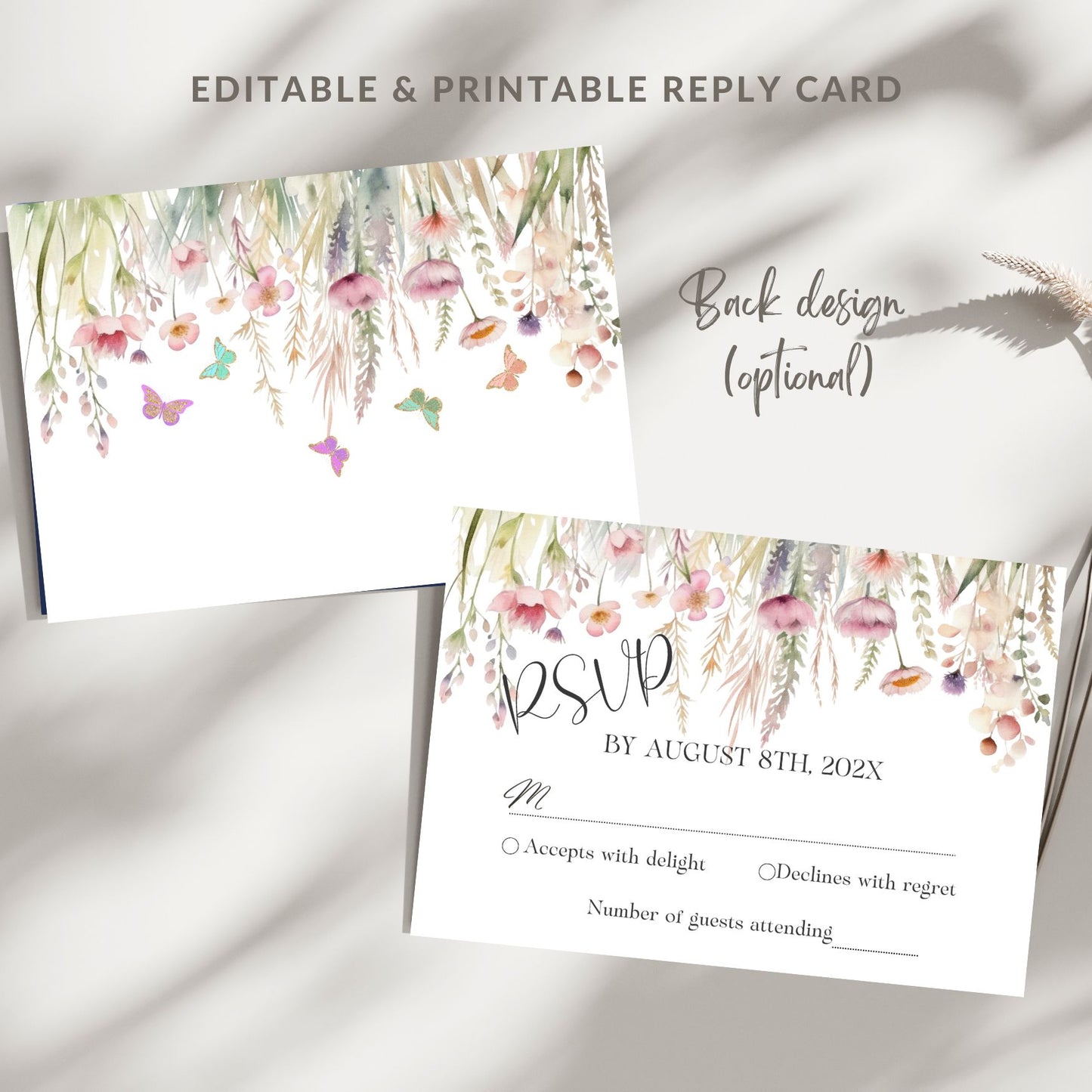 Wildflowers RSVP card with editable and printable options on a soft fabric background