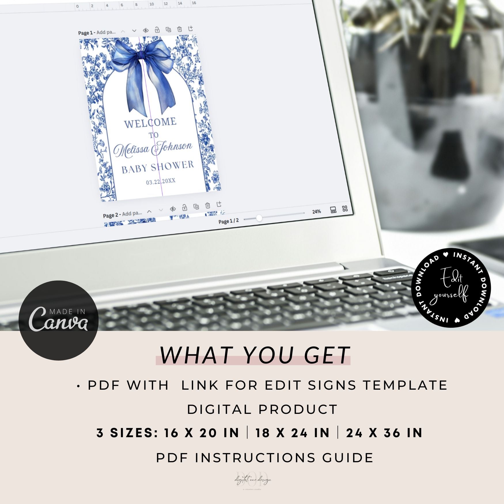 Laptop displaying a baby shower sign template with product details below.