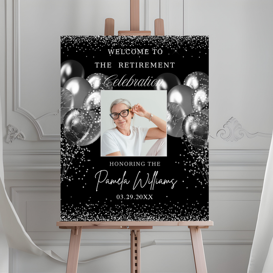 Editable Black and Silver Retirement Party Welcome Sign