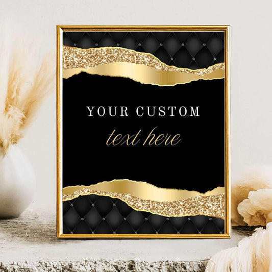 Editable black and gold party sign template for custom text, chic decor for birthday celebrations, elegant luxury design.