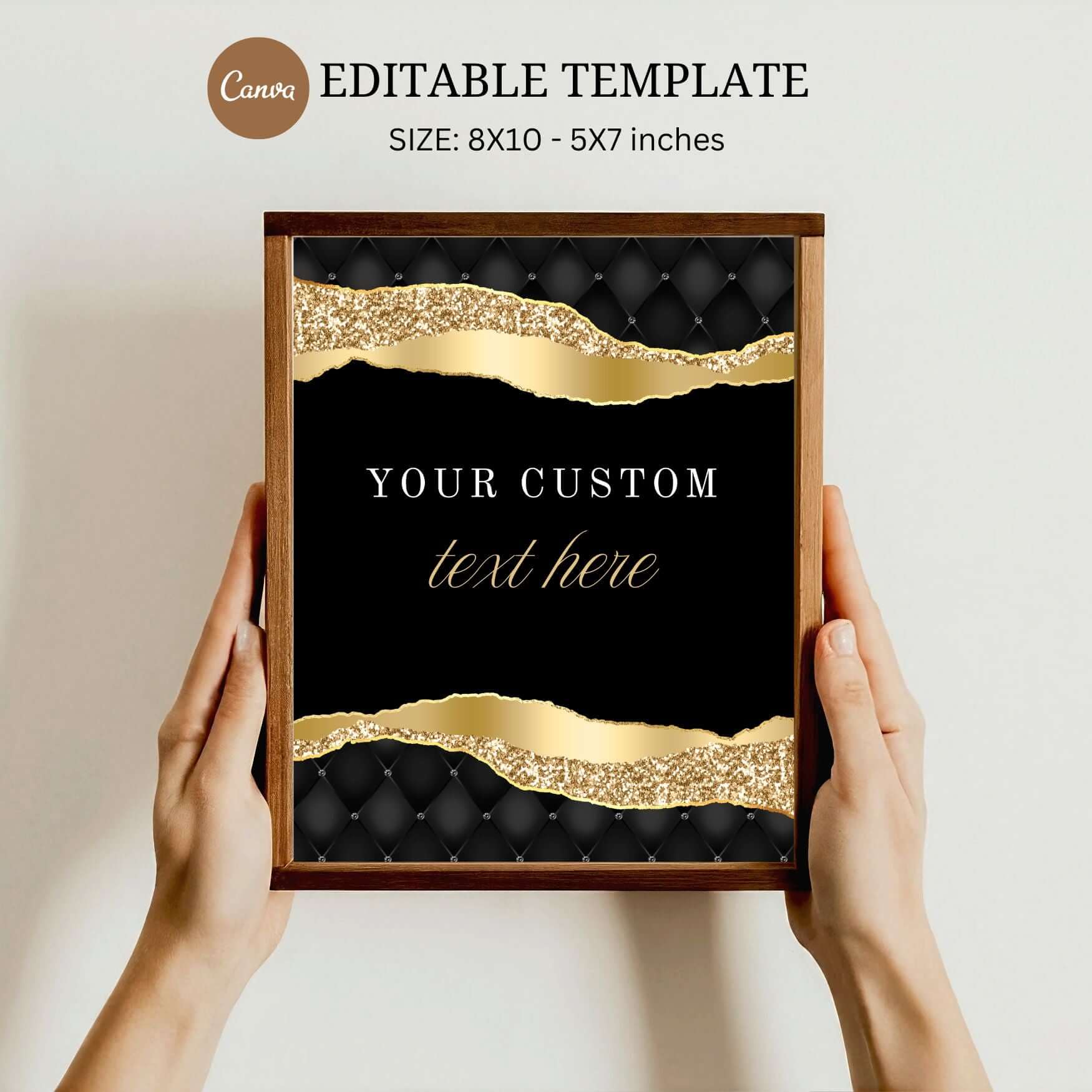Editable black and gold party sign template for custom text in chic luxurious design, size 8x10 and 5x7.