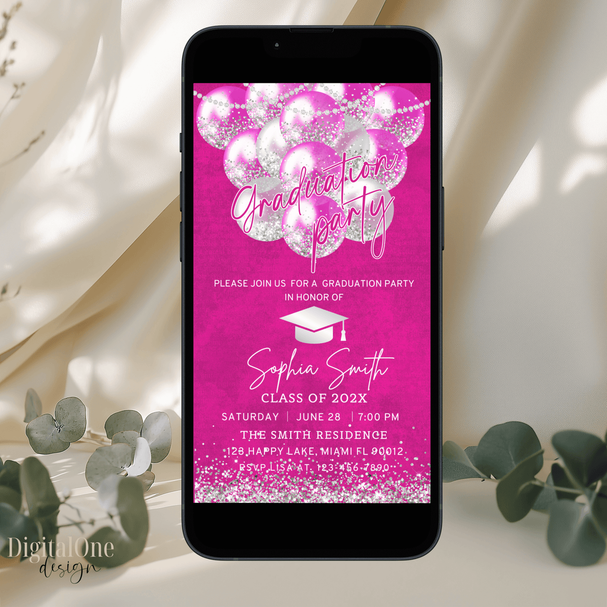 Pink Grad Invite Template Digital Vibrant Hot Pink Graduation Party Invitation – DigitalOneDesign