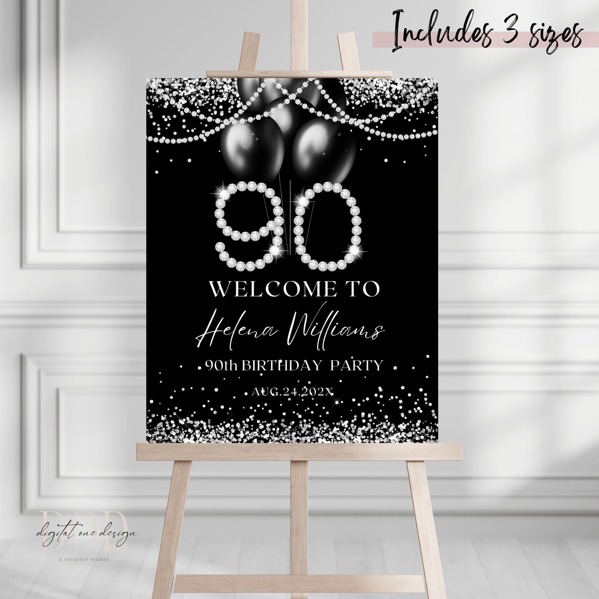 Elegant Modern 90th Birthday Welcome Sign Template featuring black, silver, and diamond accents on display.