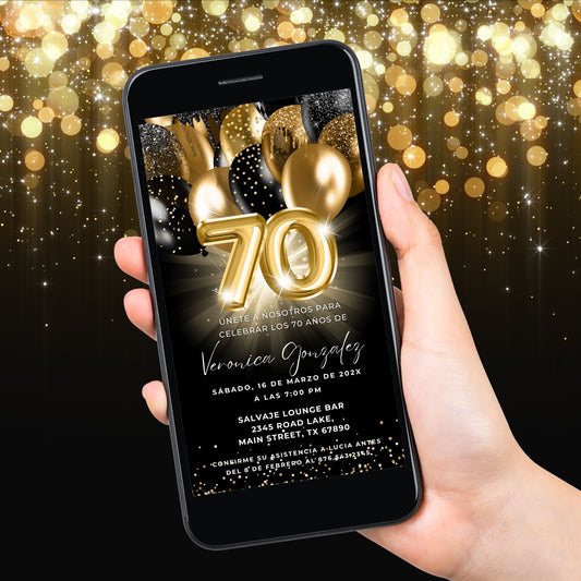 Spanish 70th Birthday Party Invitation on smartphone with black and gold balloons and glitter background.