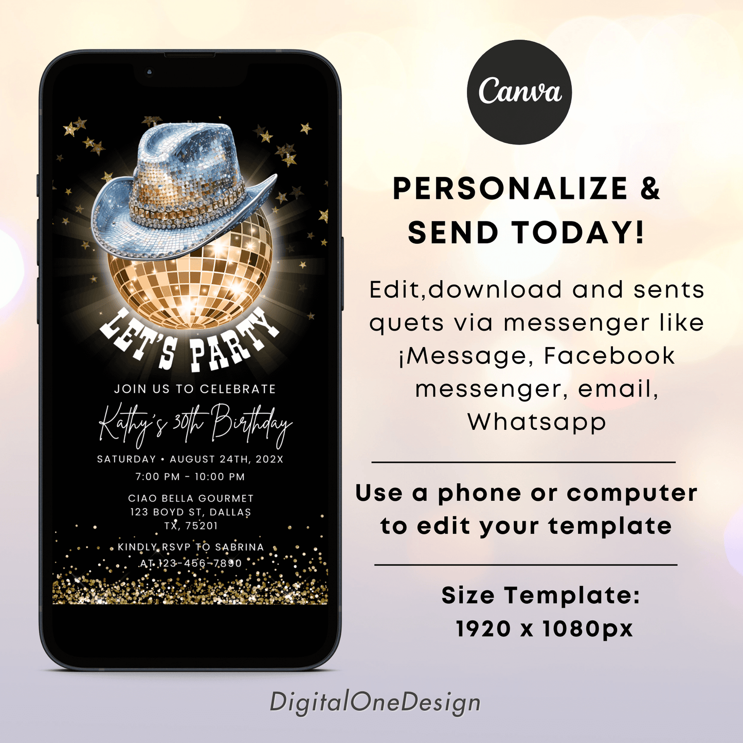 Editable Gold Disco Ball and Blue Western Hat Invitation