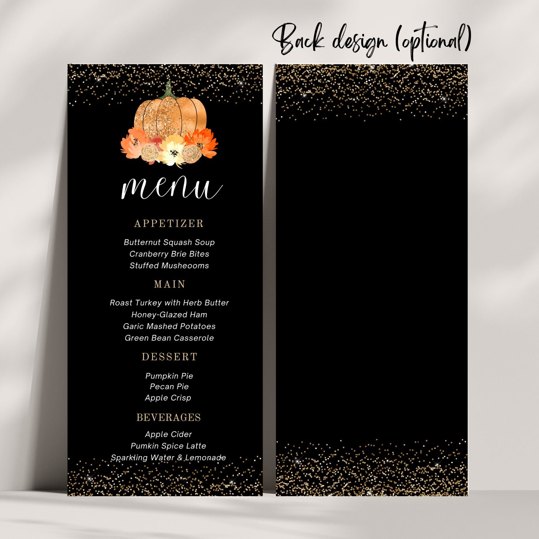 Menu card with pumpkin design on a black background