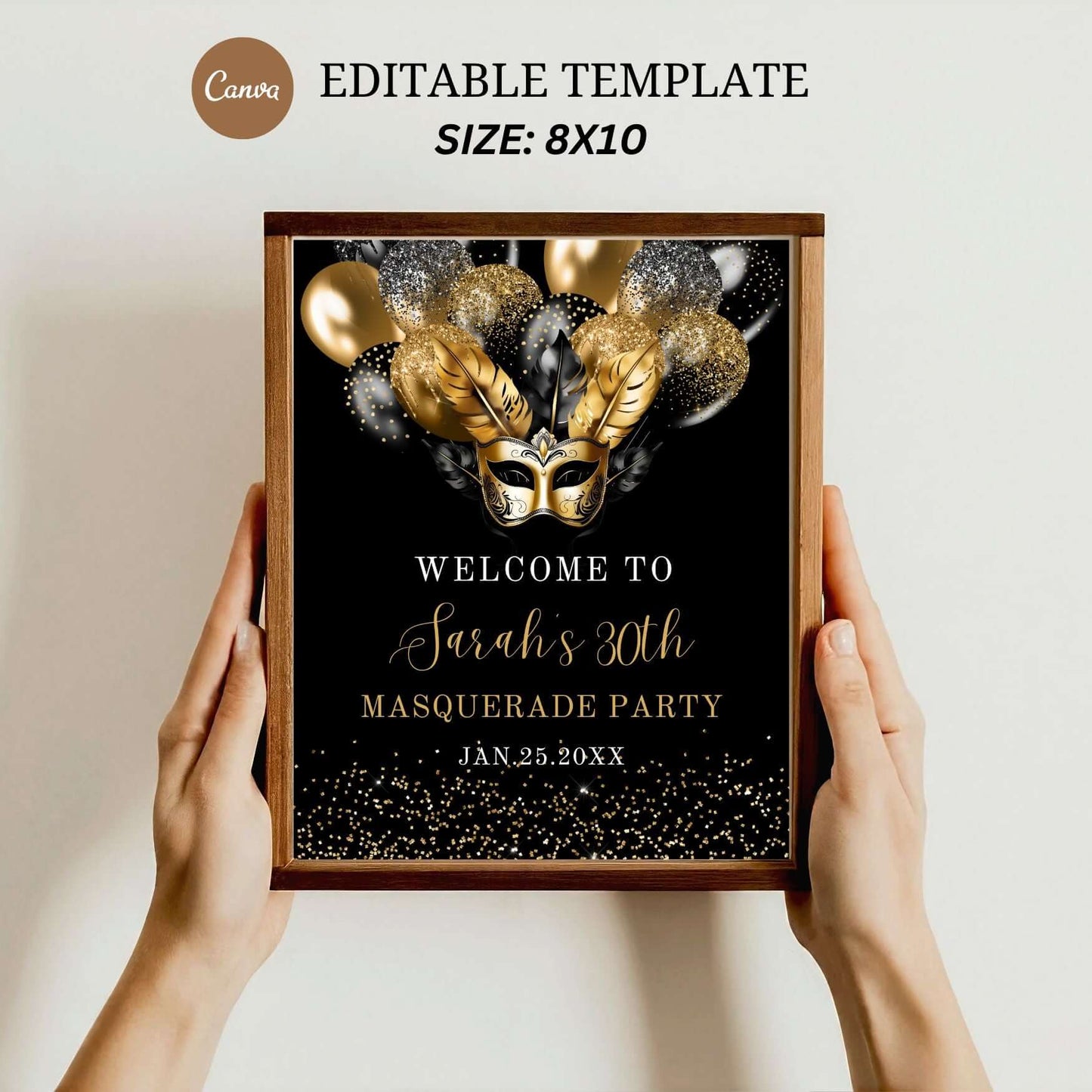 Editable Black and Gold Masquerade Party Sign Template for 8x10 decor, perfect for elegant party celebrations.