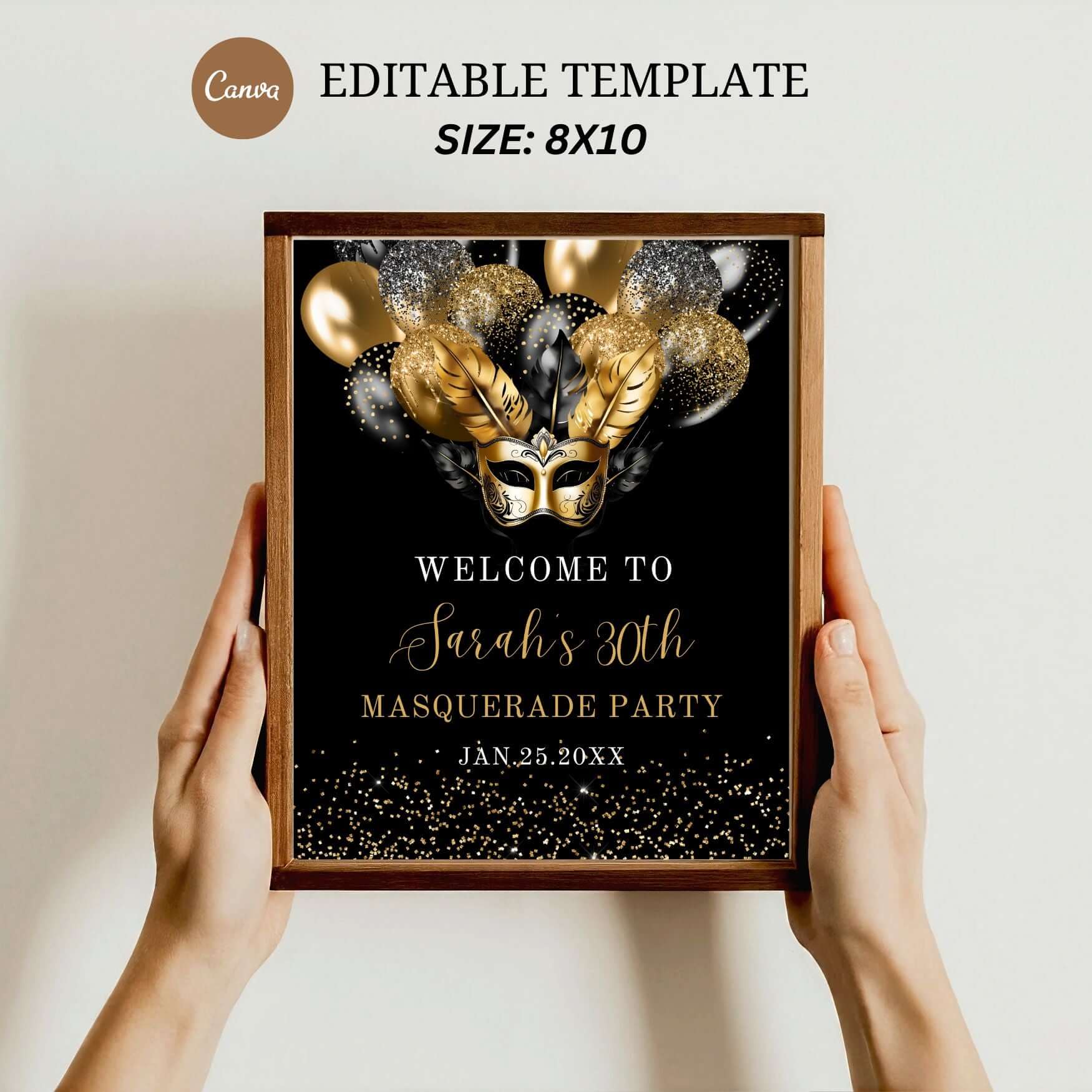 Editable Black and Gold Masquerade Party Sign Template for 8x10 decor, perfect for elegant party celebrations.