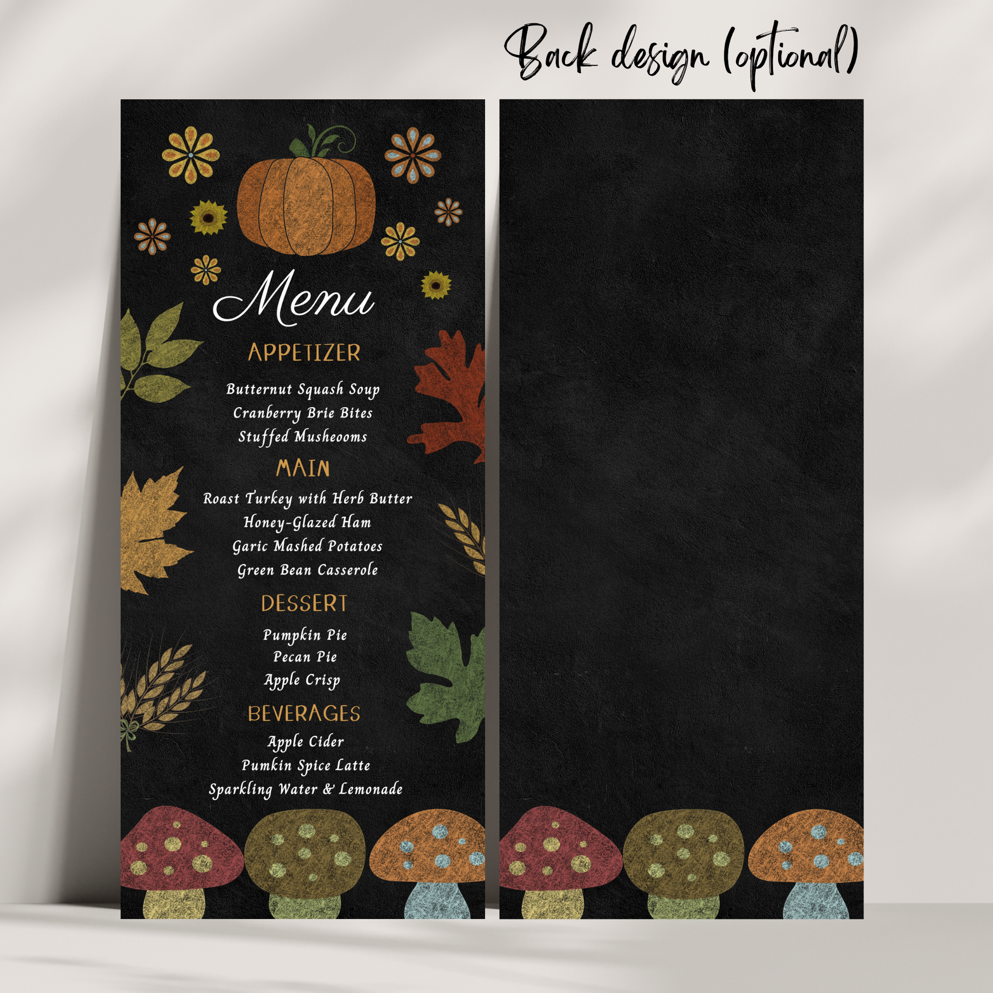 Menu card with autumn-themed design featuring pumpkins, leaves, and mushrooms on a black background.