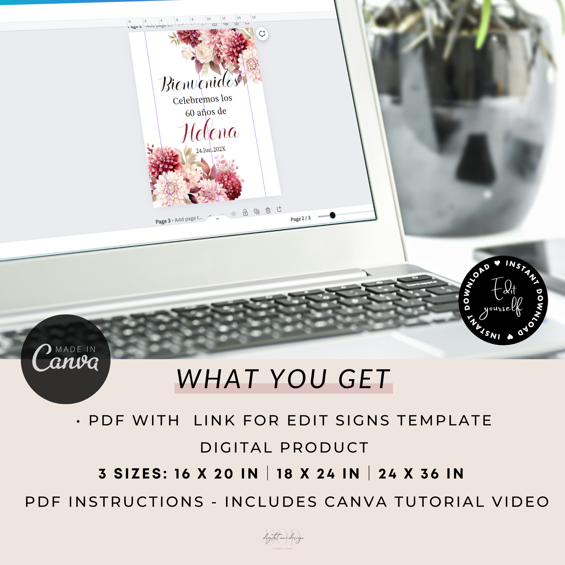 Burgundy Pink Floral Spanish Birthday Welcome Sign Template