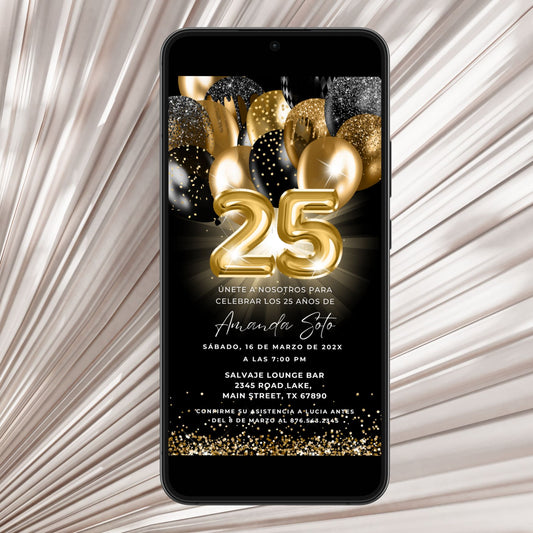 Editable 25th Birthday Party Invitation template in spanish