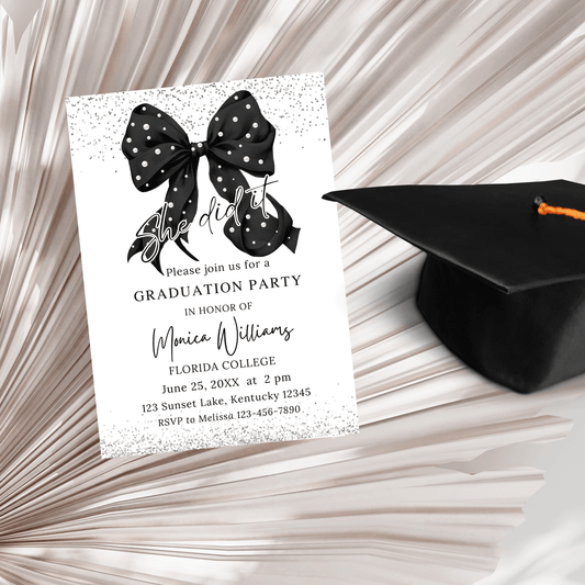 she did it Black and pearls Bow Graduation Invitation