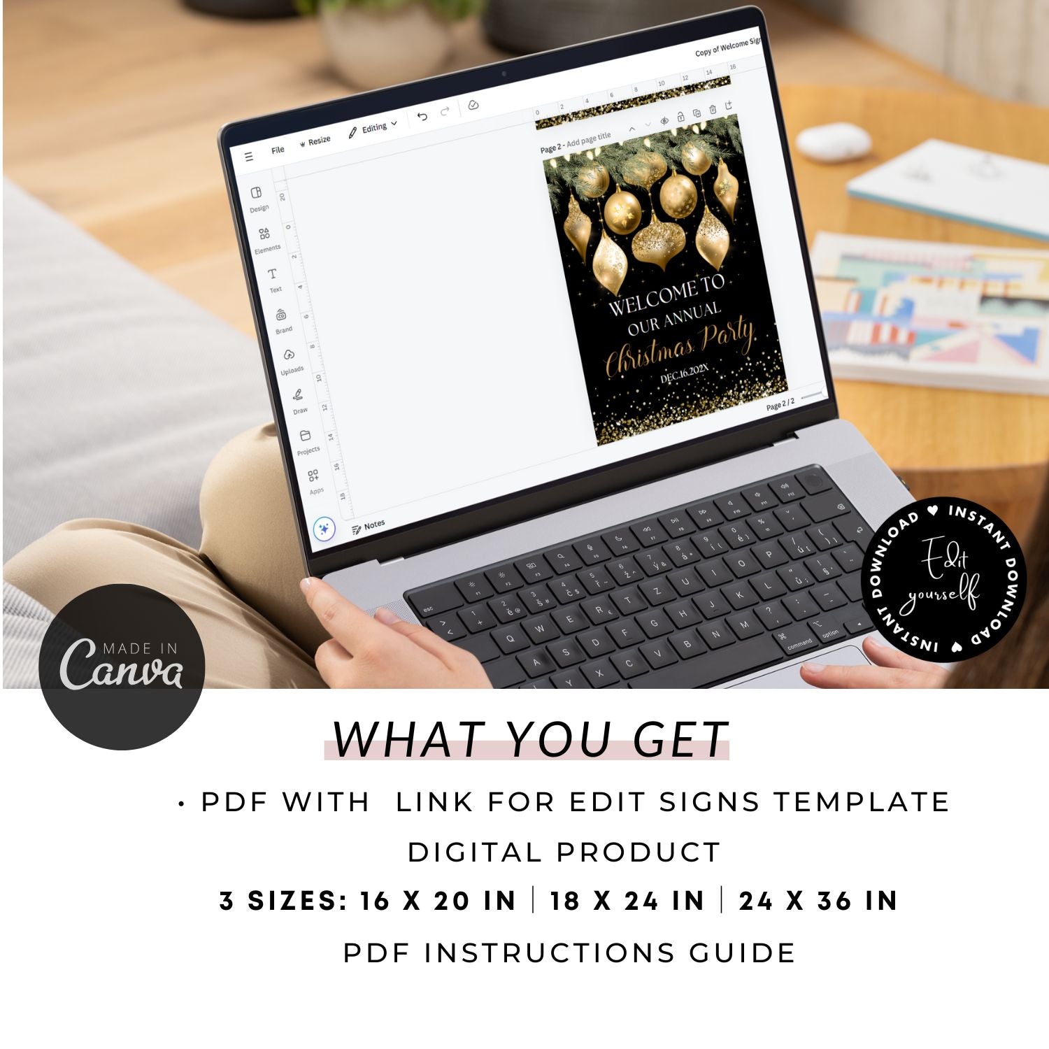 Laptop displaying a Christmas party sign template on a desk with Canva branding.