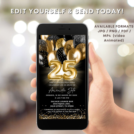 Editable Black and Gold 25th Birthday Invite template in spanish