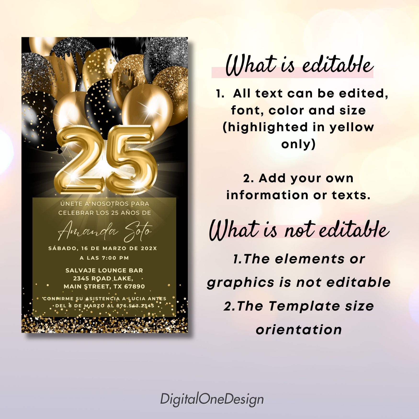 Editable Spanish 25th Birthday Party Invitation template