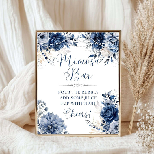 Editable Blue Floral Mimosa Bar Sign Template