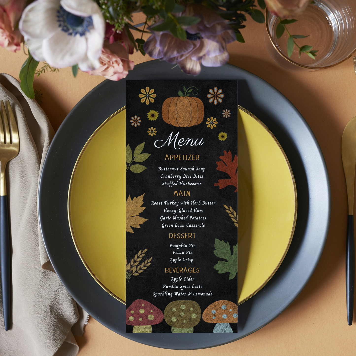 Fall Thanksgiving Menu card on a table setting with a black background and autumn-themed design.