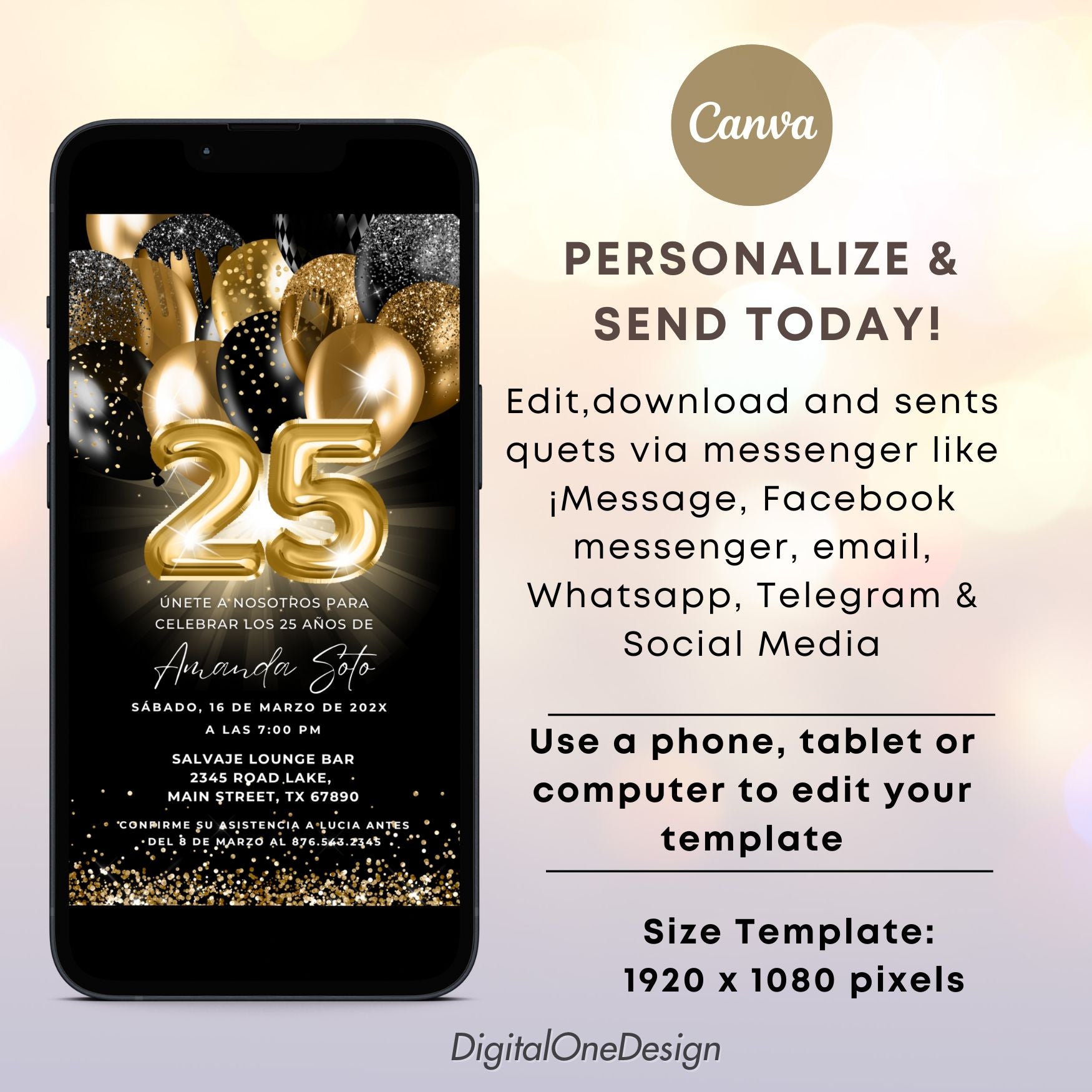 Personalize Digital Spanish 25th Birthday Invite