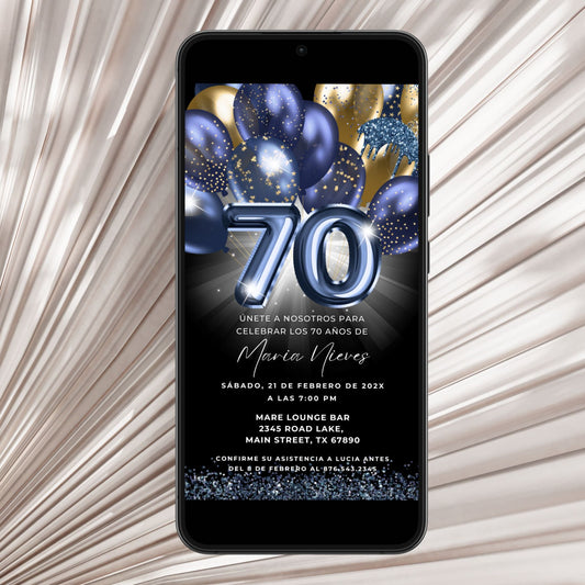 Phone displaying a 70th birthday invitation with balloons 