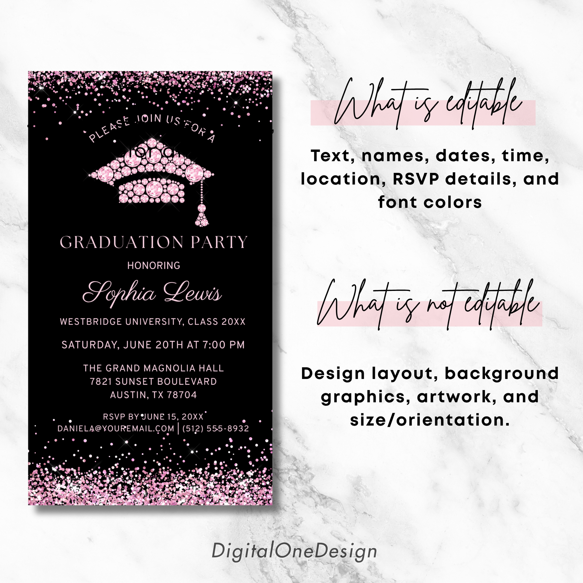 Elegant Pink Diamonds Graduation Invitation Template