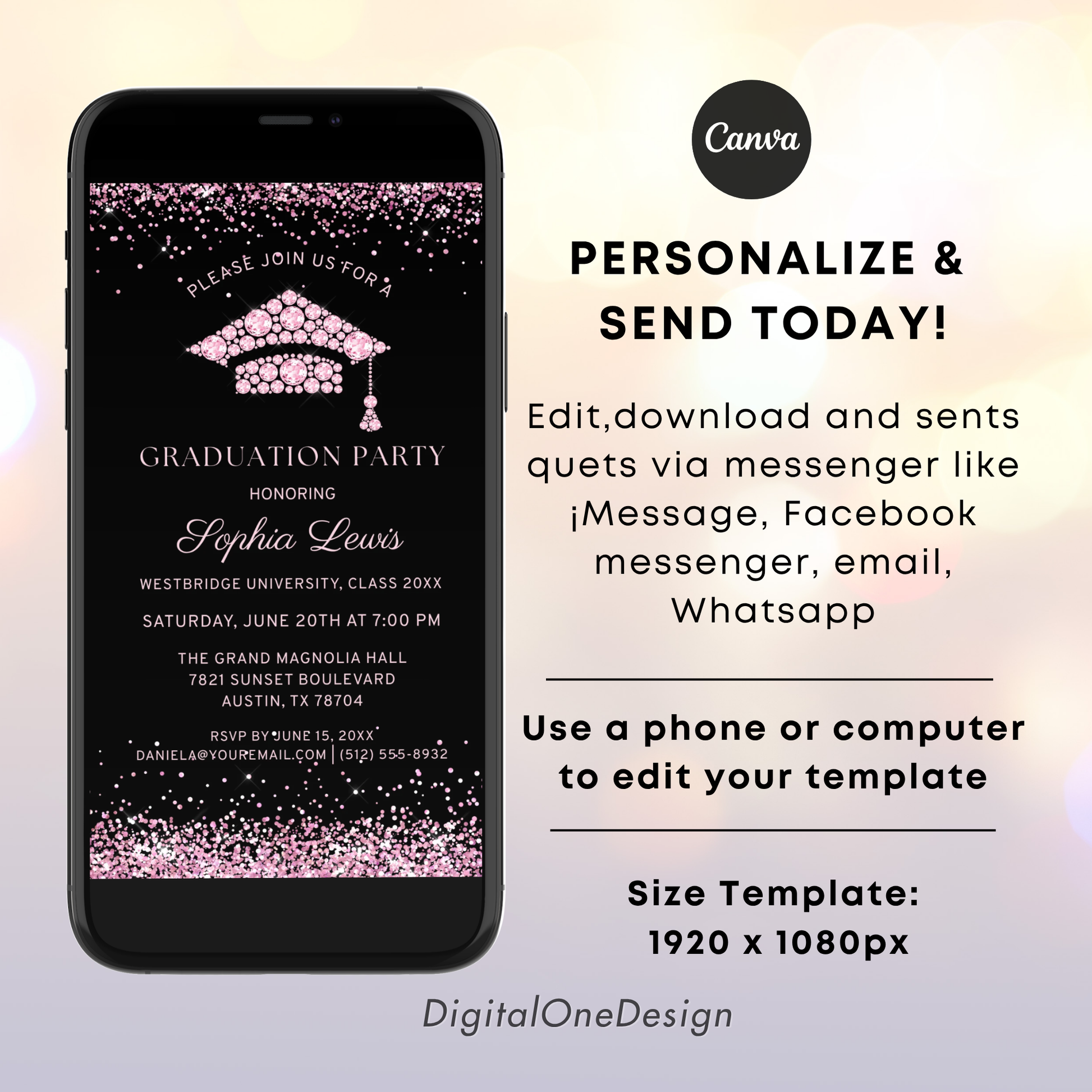 Elegant Pink Diamonds Graduation Invitation Template