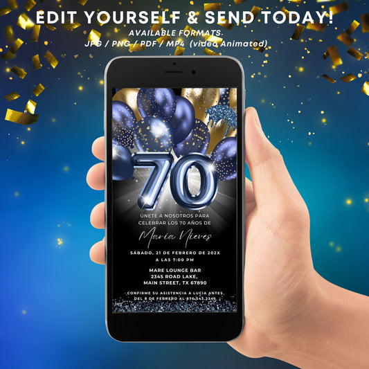 Hand holding a phone with a birthday invitation on a blue background with confetti