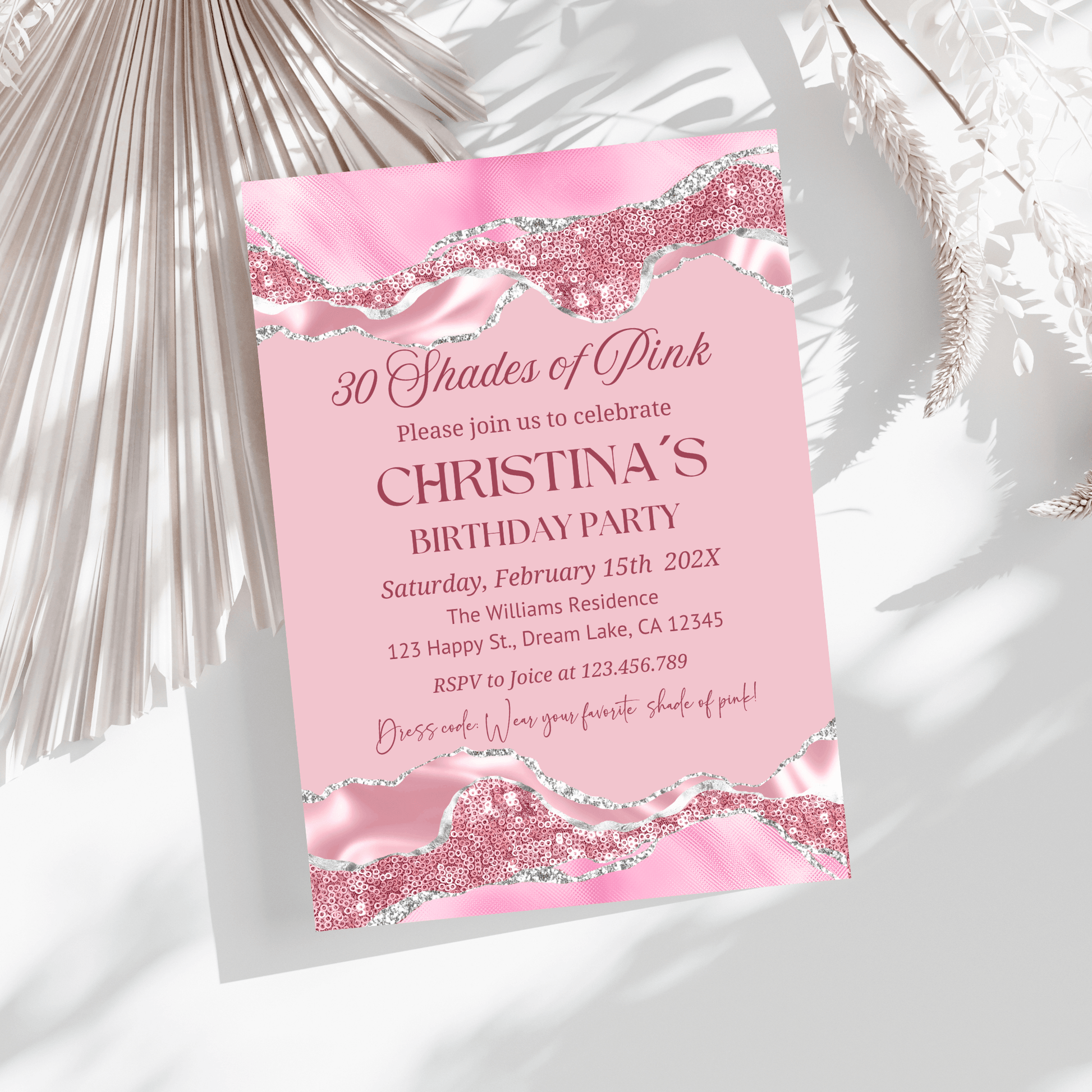 Chic Shades of Pink Birthday Party Invitation with glam silver accents, perfect for any age. Instant download available.