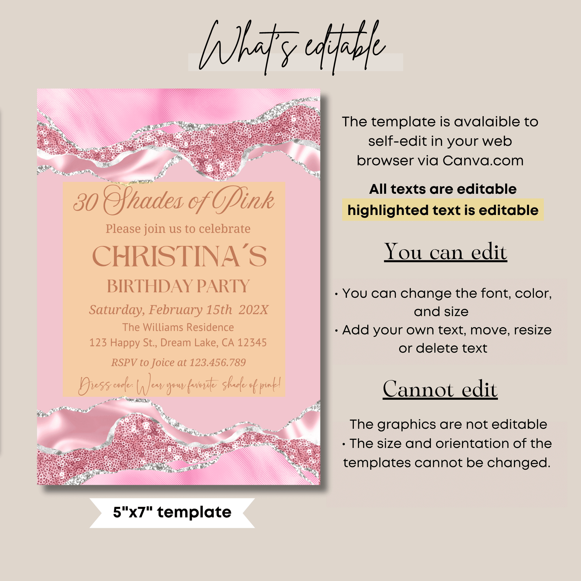Shades of Pink Birthday Party Invitation template showcasing editable details and design features, perfect for any birthday celebration.