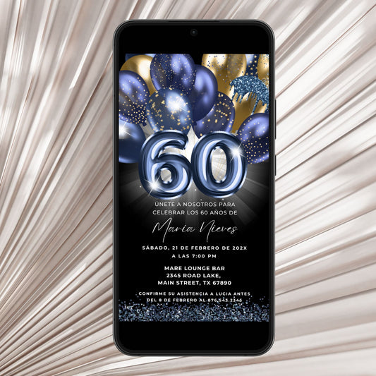 Phone displaying a birthday invitation with blue balloons and number '60' on a textured surface