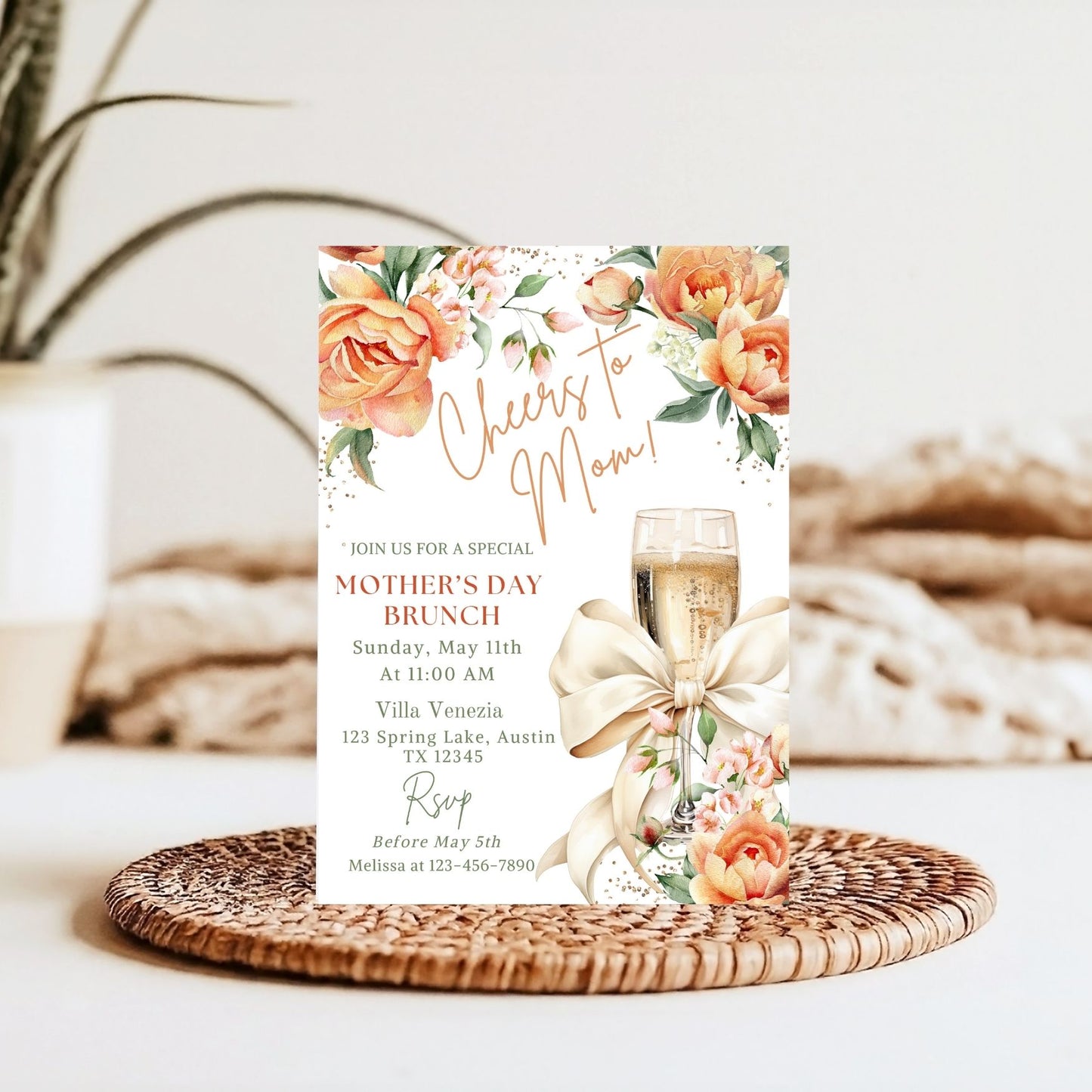 Peach Floral Mother's Day Brunch Invitation