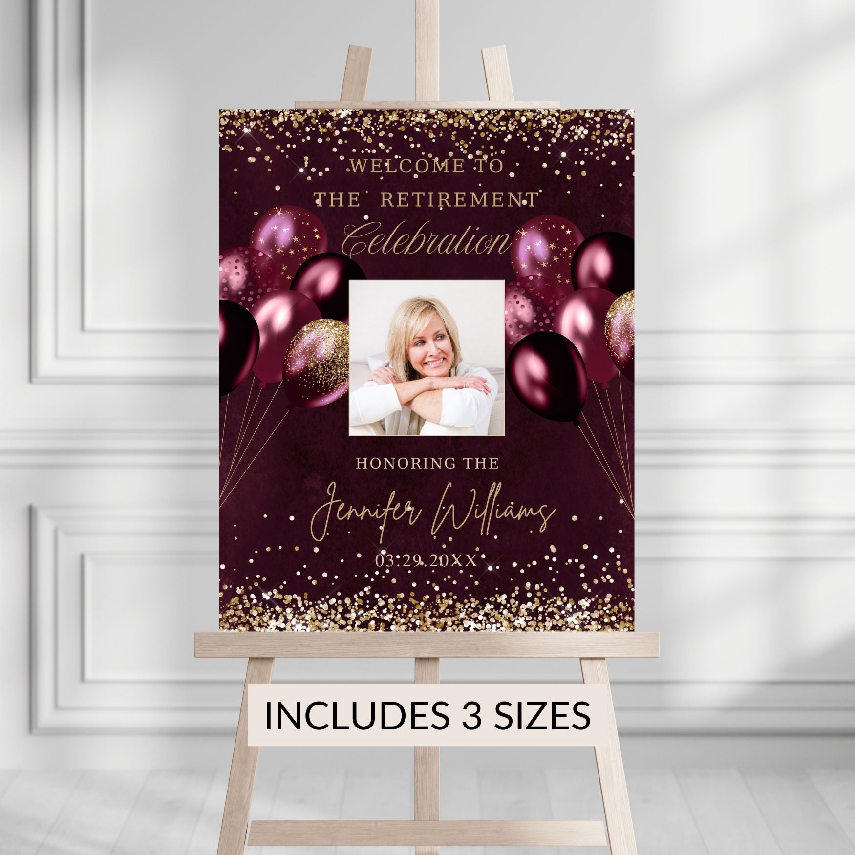 Editable Burgundy and Gold Retirement Welcome Sign
