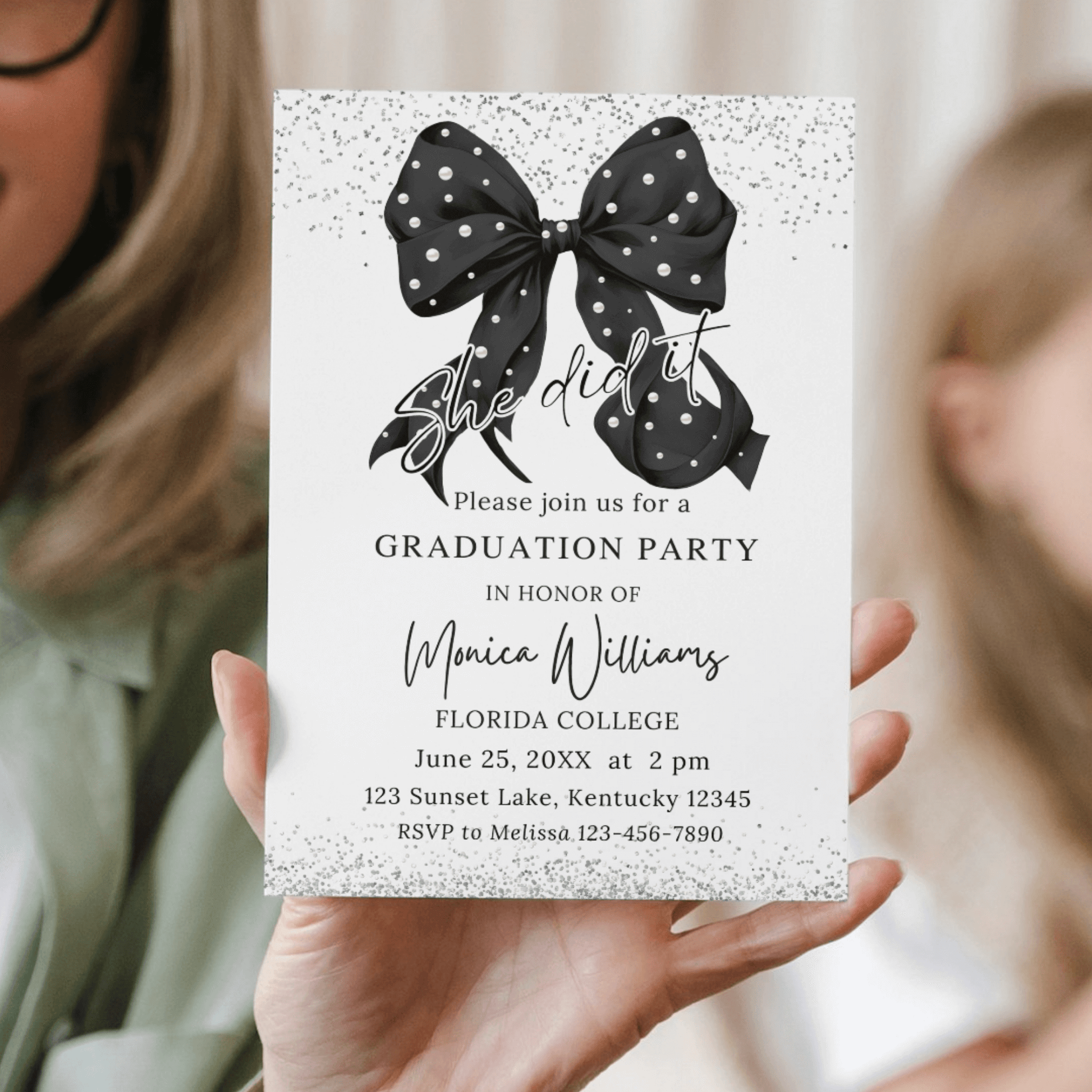 Printable  Chic Black Bow Grad Party Invite