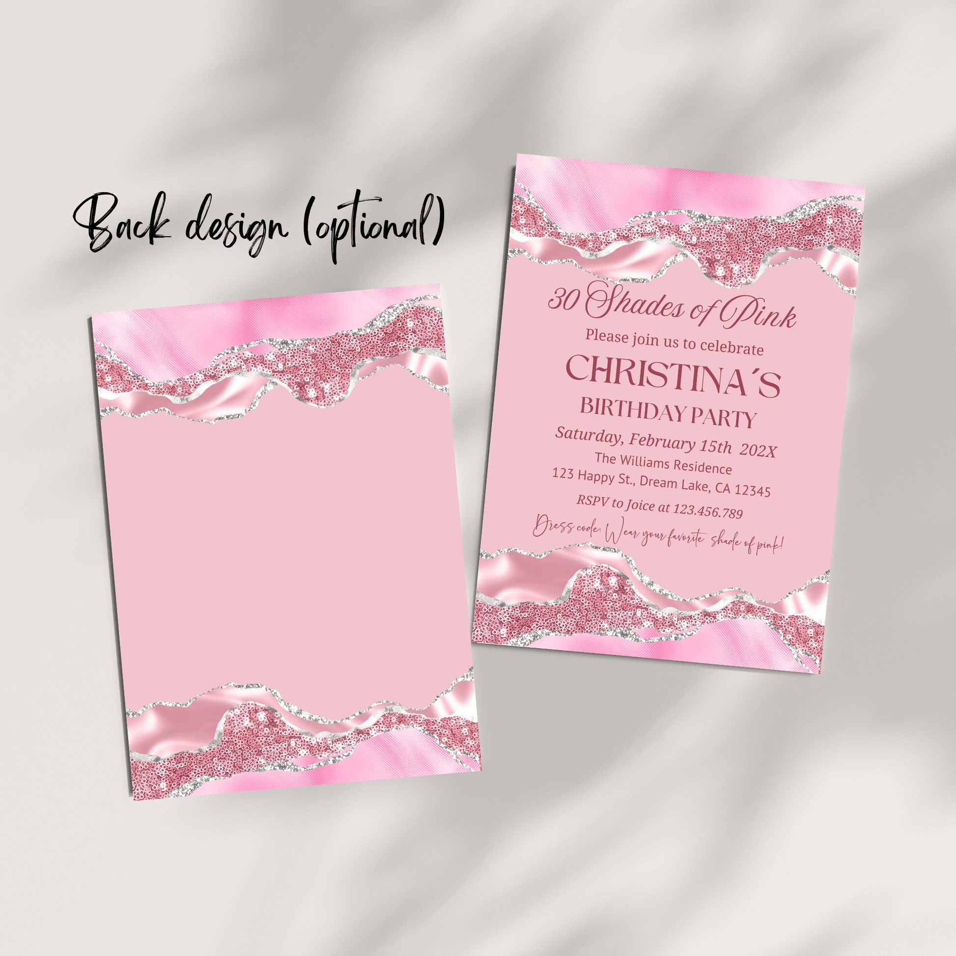 Shades of Pink Birthday Party Invitation design featuring glam pink and silver elements, perfect for any age celebration.