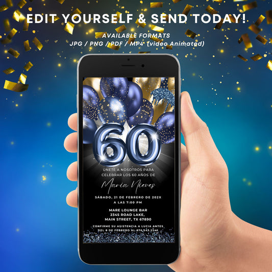 Hand holding a phone with a birthday invitation on a blue background with confetti