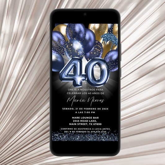 Navy & Gold Balloons Spanish 40th Birthday Invitation