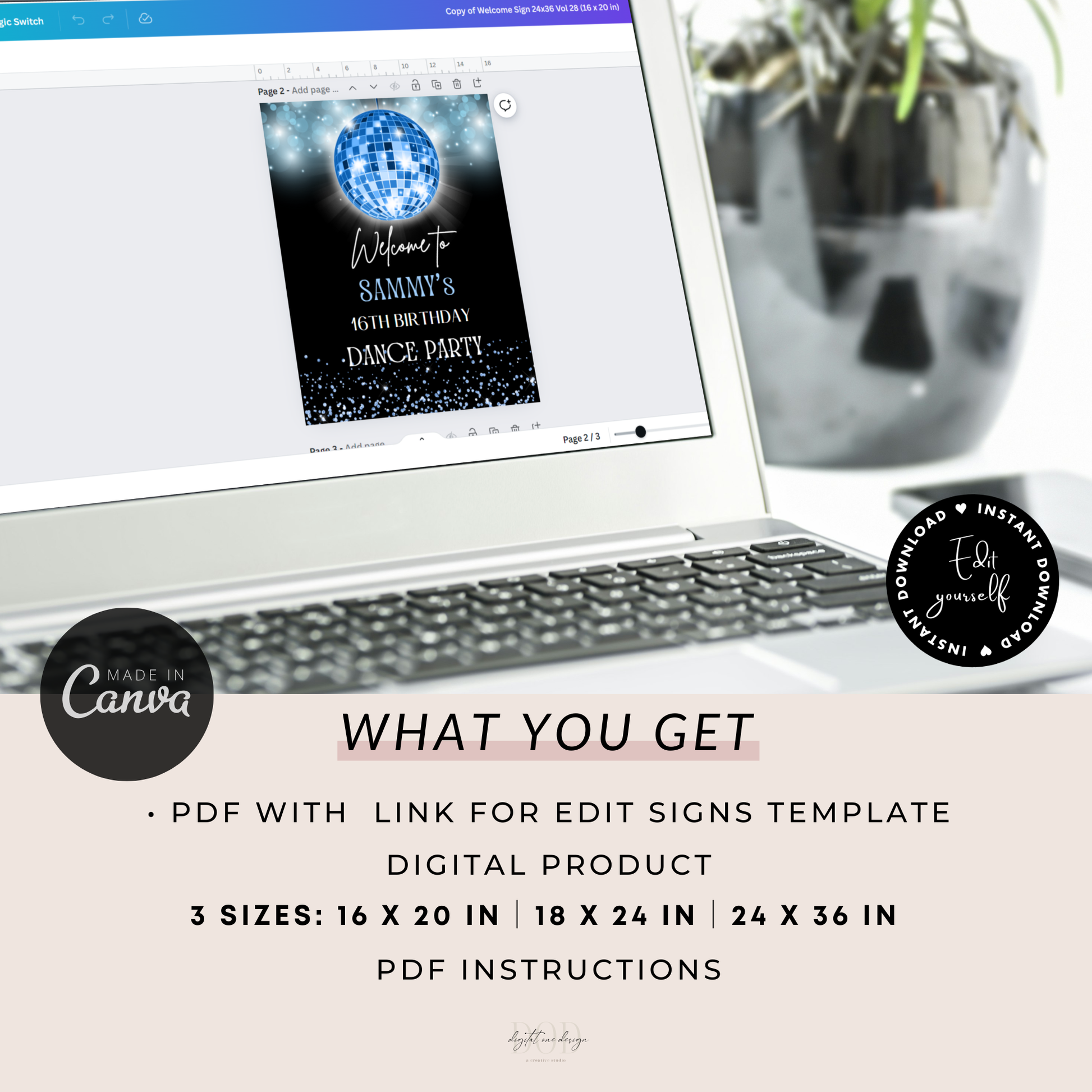 Blue Disco Ball Birthday Party Welcome Sign Template displayed on a laptop, showcasing customizable design options and sizes.