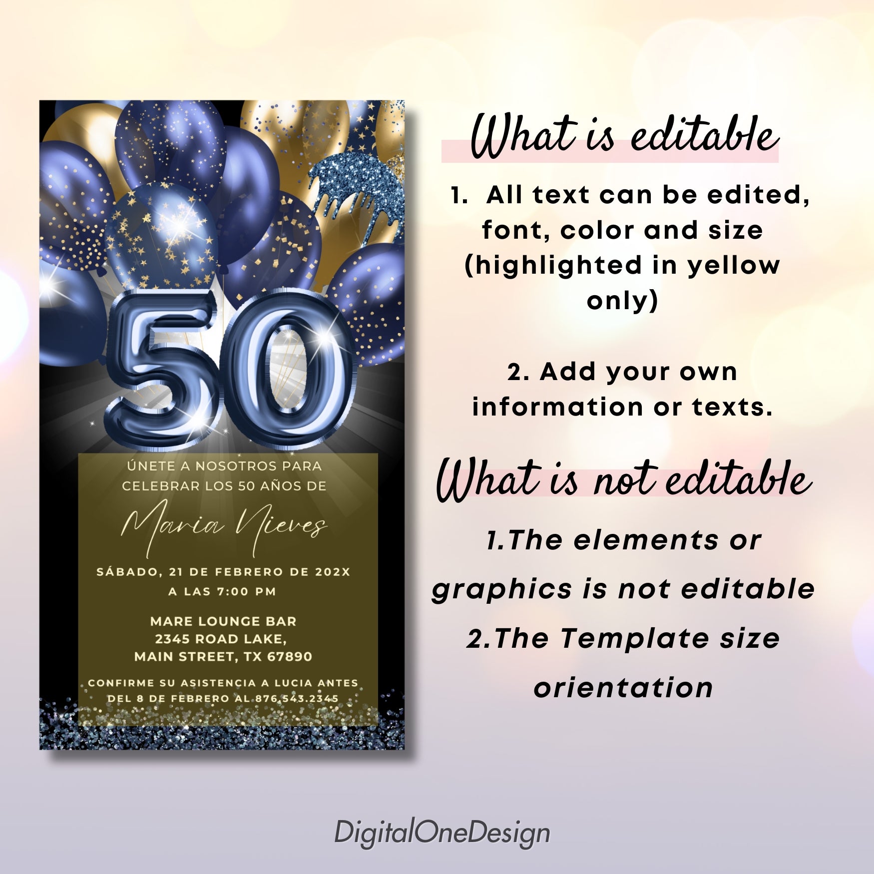Navy & Gold Balloons Spanish 50th Birthday Invite