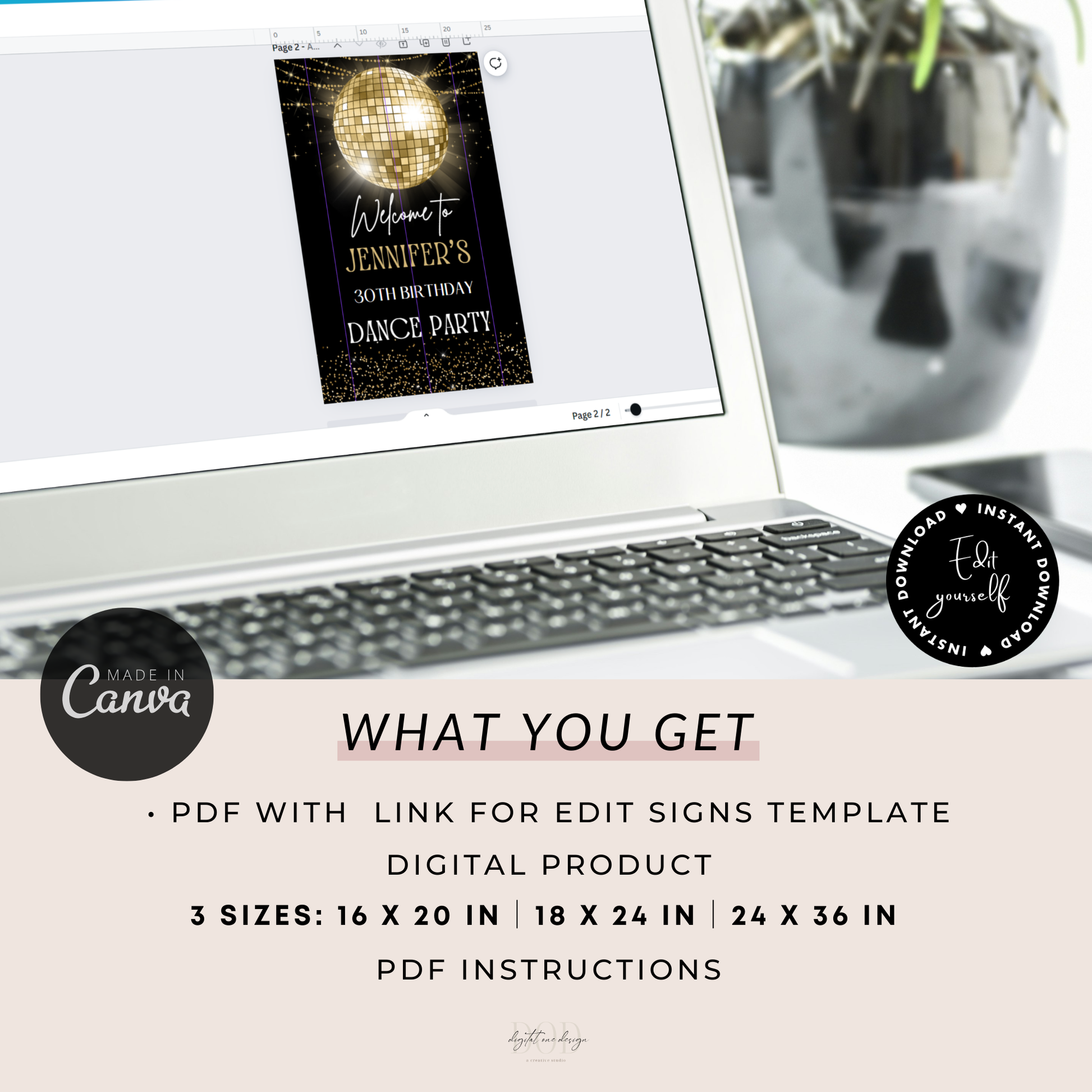 Modern Gold Disco Ball Birthday Party Welcome Sign displayed on a laptop screen with editing options and size details.