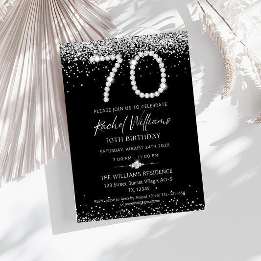 Elegant Silver Diamonds 70th Birthday Invitation