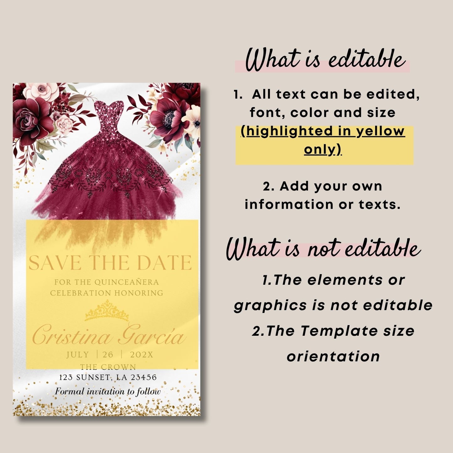 Quinceanera save the date card with burgundy dress and floral elements on a beige background.