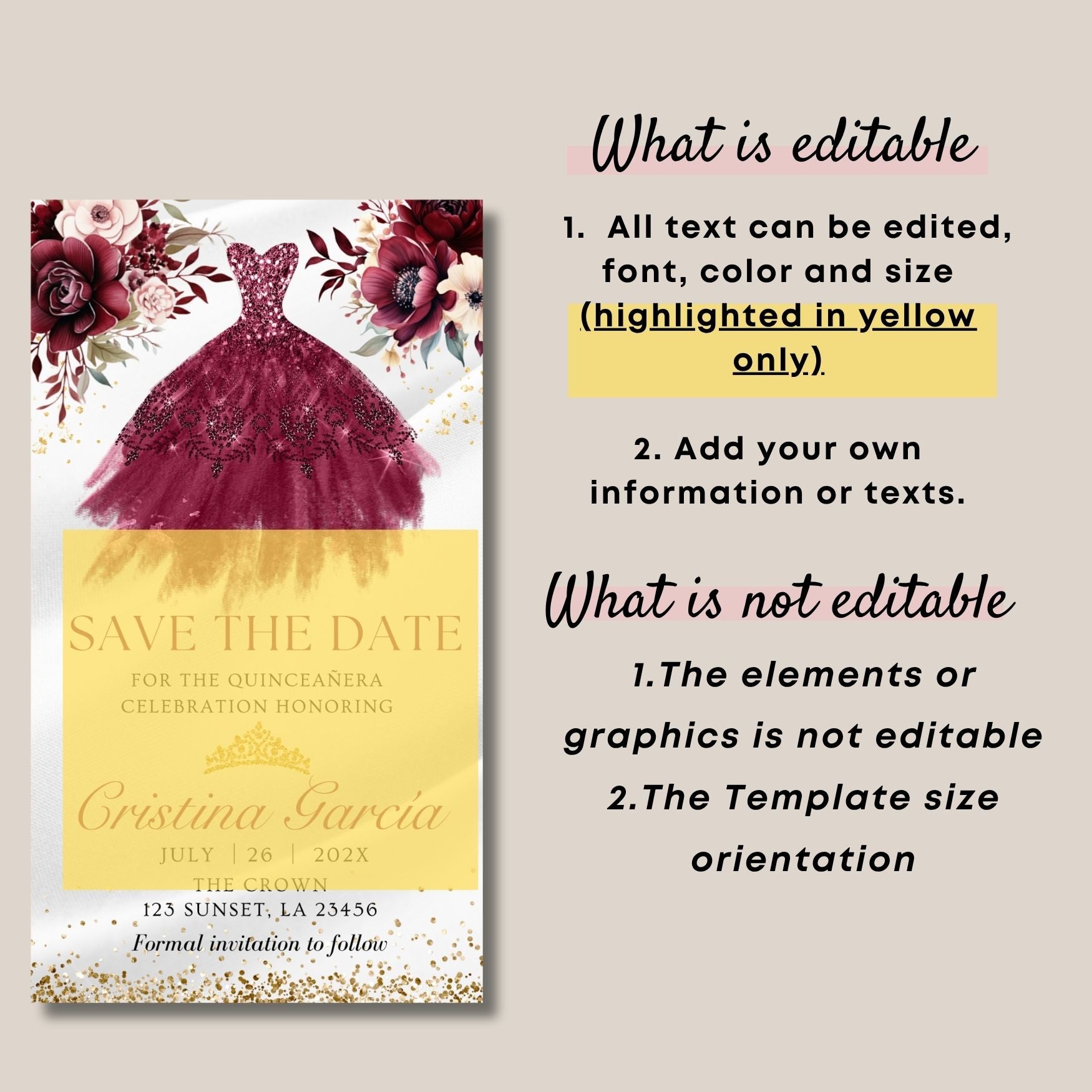 Quinceanera save the date card with burgundy dress and floral elements on a beige background.